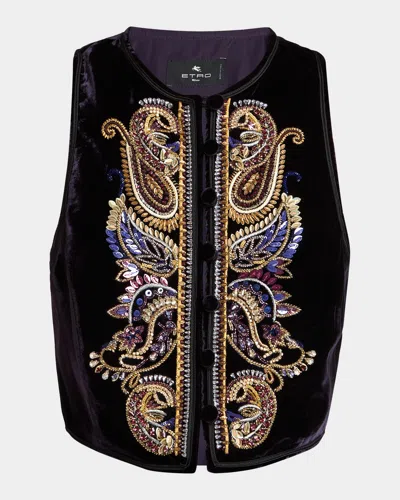 Etro Embellished Paisley Velvet Cropped Vest In Black