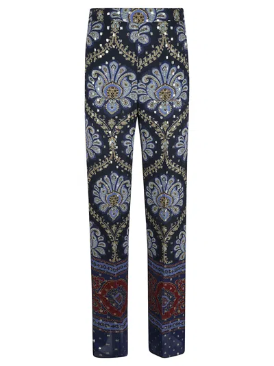 Etro Embellished Printed Trousers In Blue/multicolor