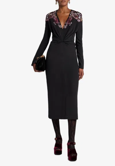 Etro Embellished Silk Midi Dress In Black