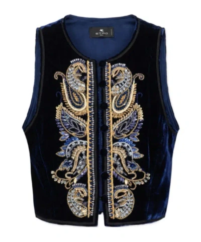 Etro Embroidered Embellished Velvet Vest In Black