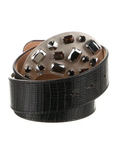 Pre-owned Etro Embossed Leather Crystal Embellishments Belt In Black