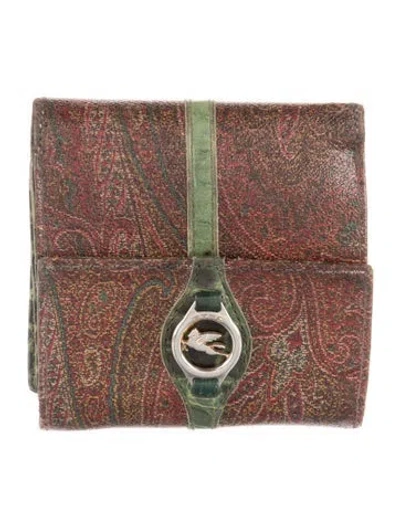 Pre-owned Etro Embossed Leather Paisley Print Compact Wallet In Green