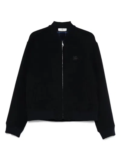 Etro Navy Blue Bomber Jacket With Embroidered Logo And Zip Fastening In Black