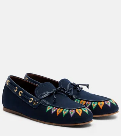 Etro Embroidered Canvas Boat Shoes In Blue
