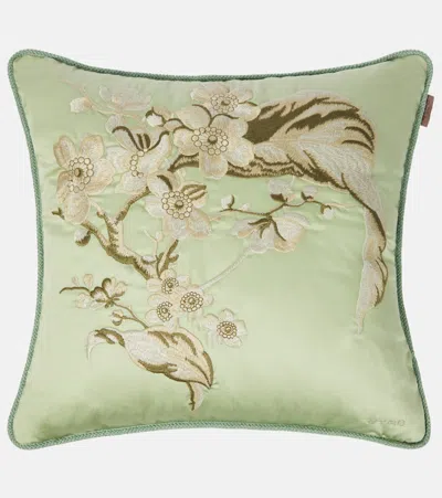 Etro Embroidered Cotton Cushion In Green