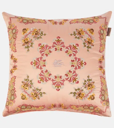 Etro Embroidered Cotton Cushion In Pink