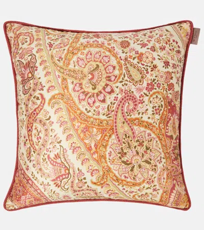 Etro Embroidered Cotton Cushion In Orange