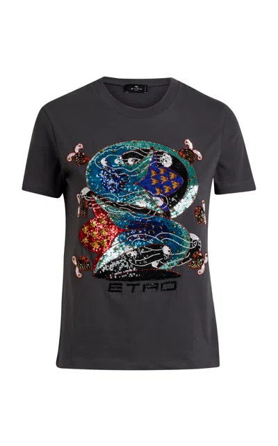 Etro Embroidered Cotton T-shirt In Grey
