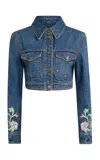 Etro Embroidered Cropped Denim Jacket In Blue