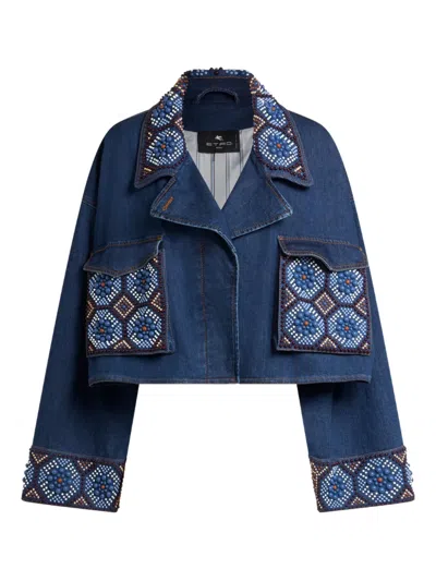 Etro Cropped Jacket With Pearl Embroidery In Blue