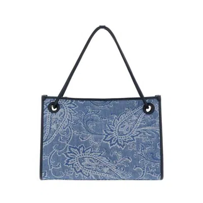 Etro Embroidered Denim Medium Eyes Shopping Bag Fantasiaazzurro Borse A Mano In Blue