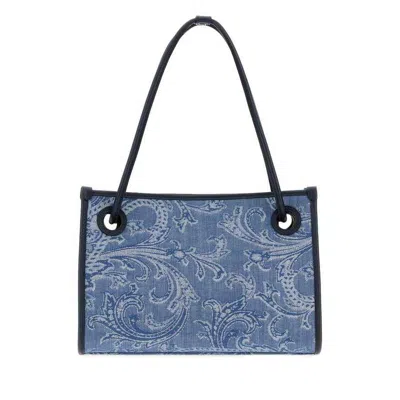 Etro Embroidered Denim Small Eyes Shopping Bag Fantasiaazzurro Borse A Mano In Blue