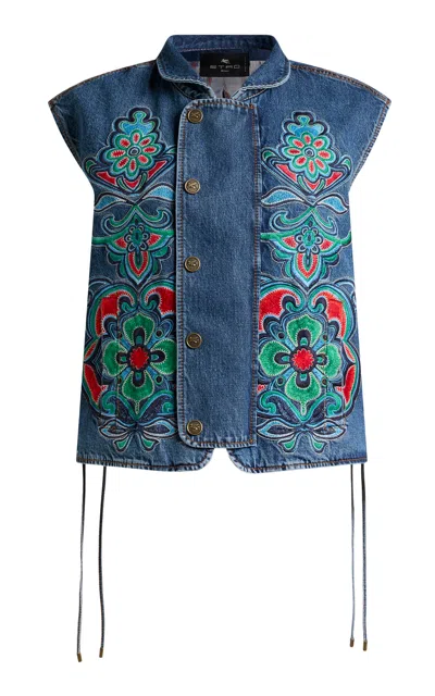 Etro Embroidered Denim Vest In Blue