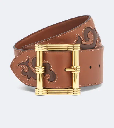 Etro Embroidered Leather Belt In Brown