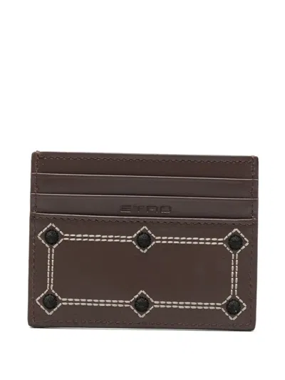 Etro Embroidered Leather Cardholder In Brown