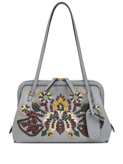Etro Embroidered Leather Shoulder Bag In Gray