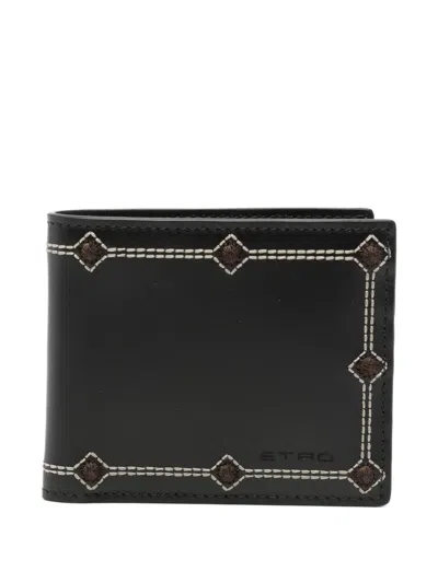 Etro Embroidered Leather Wallet In Black