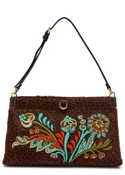 Etro Embroidered Leopard-print Calf-hair Clutch In Multi