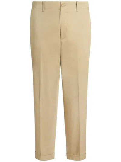 Etro Embroidered-logo Cotton Chino Trousers In Neutrals