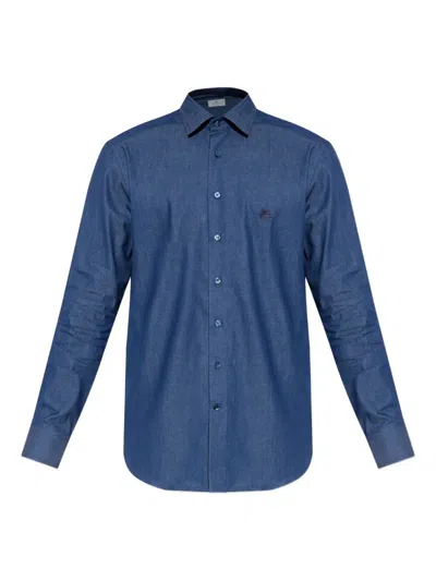 Etro Embroidered Logo Cotton Shirt In Blue