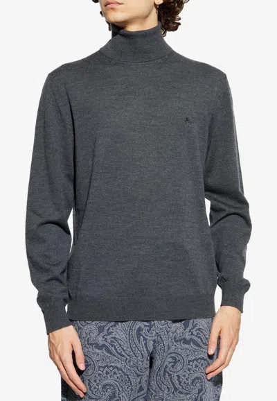 Etro Embroidered Logo Wool Turtleneck In Gray