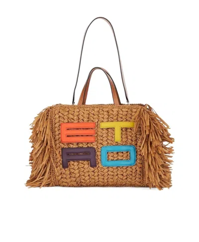 Etro Embroidered-logo Woven Tote Bag In Brown