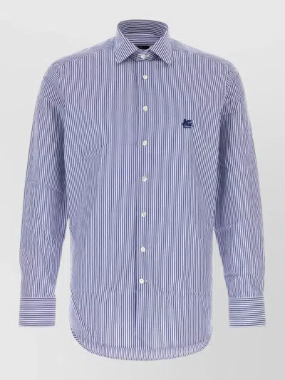 Etro Embroidered Poplin Shirt Long Sleeves Stripes In Blue