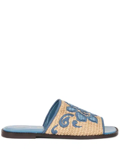 ETRO EMBROIDERED RAFFIA SLIDES