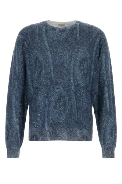 Etro Silk Blend Crew Neck Sweater With Paisley Embroidery In Blue