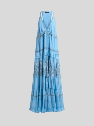 ETRO , EMBROIDERED SILK MAXI DRESS, WOMAN, LIGHT BLUE, SIZE 36