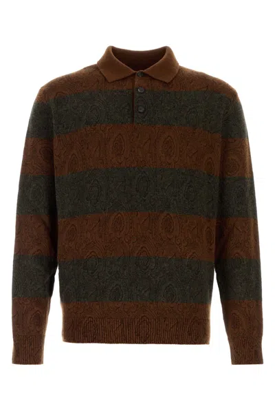 Etro Embroidered Striped Wool Polo Shirt For Men In Stripped
