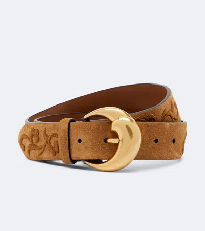 Etro Embroidered Suede Belt In Brown