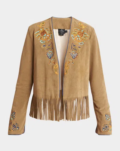 Etro Embroidered Suede Fringe Open Jacket In Brown