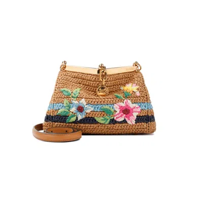 Etro Embroidered Vela Camel Raffia Handbag In Brown