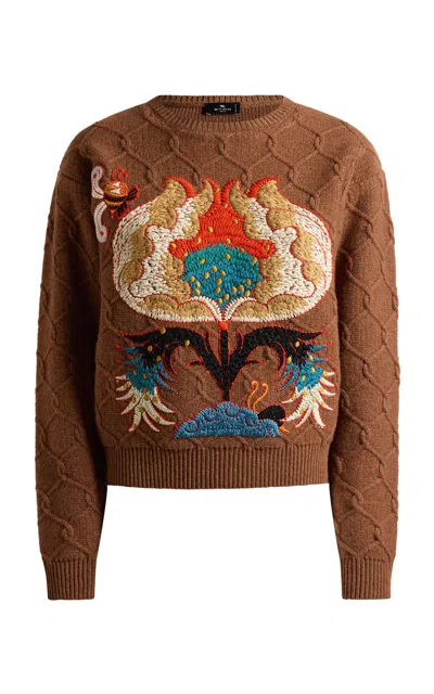 Etro Embroidered Wool Sweater In Brown