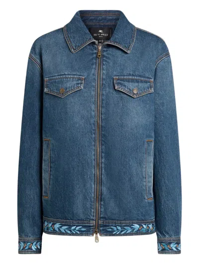 Etro Relaxed Fit Denim Jacket Pointed Collar In Blue