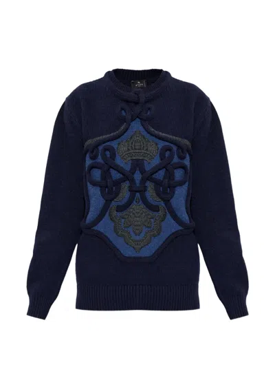 Etro Embroidered-panel Sweater In Blue