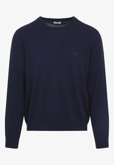 Etro Embroidered-pegaso Knit Sweater In Blue