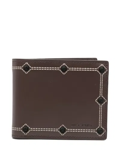 Etro Embroidery Leather Wallet In Brown