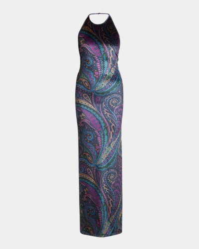 Etro Emerald Paisley Velvet Halter Gown