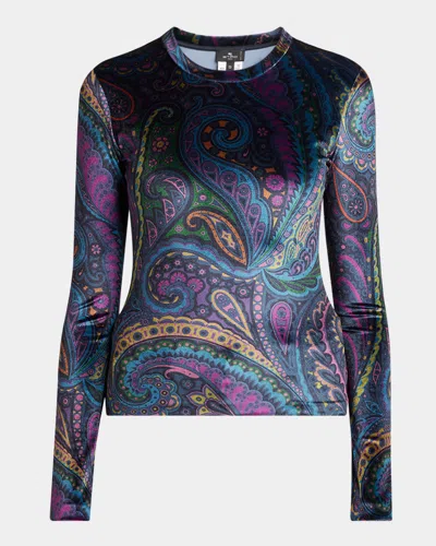 ETRO EMERALD PAISLEY VELVET LONG SLEEVE CREWNECK