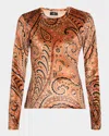 Etro Emerald Paisley Velvet Long Sleeve Crewneck In Multi