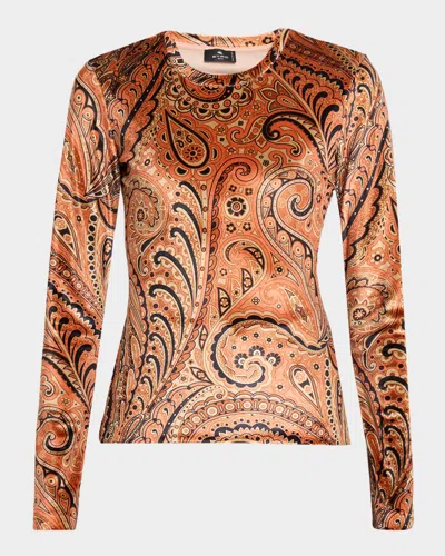 Etro Emerald Paisley Velvet Long Sleeve Crewneck In Multi