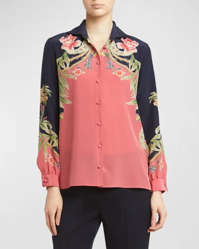 Etro Enchanted Floral Long-sleeve Silk Engineered Shirt In Print On Blue Base