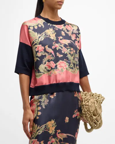Etro Enchanted Floral Mesh Knit Top In Print On Blue Base