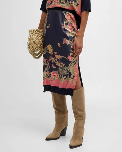 Etro Enchanted Floral Silk Knit Combo Midi Skirt In Black