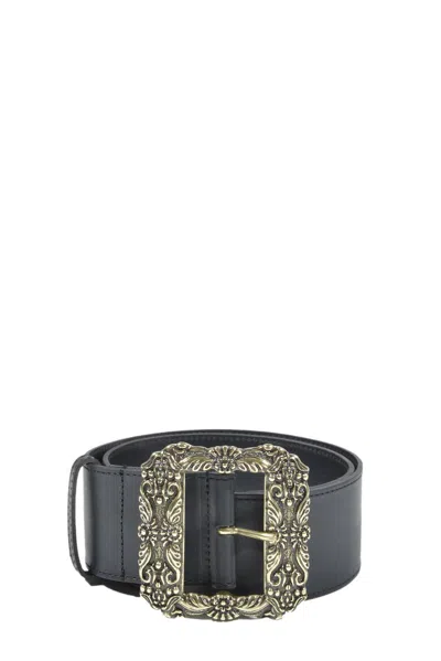 Etro Engraved Square Floral Motif Buckle Belt In Nero