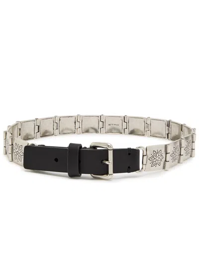 Etro Engraved-link Leather Belt In Metallic