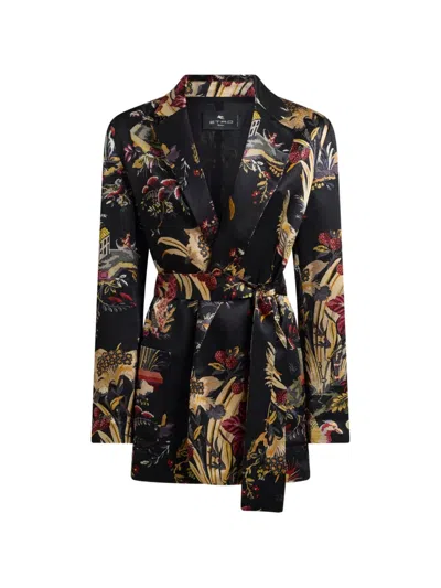Etro Envers Satin Jacket With Belt And Flower And Animal Motif In Black