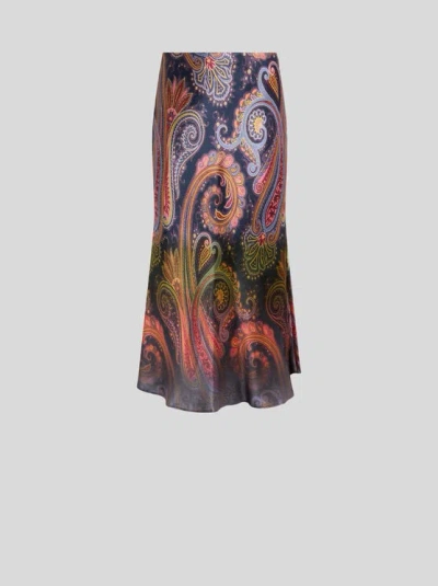 Etro , Midi-rock Aus Envers-satin Mit Platziertem Paisley-dégradé-print, Damen, Blau, Grösse 36 In Multi